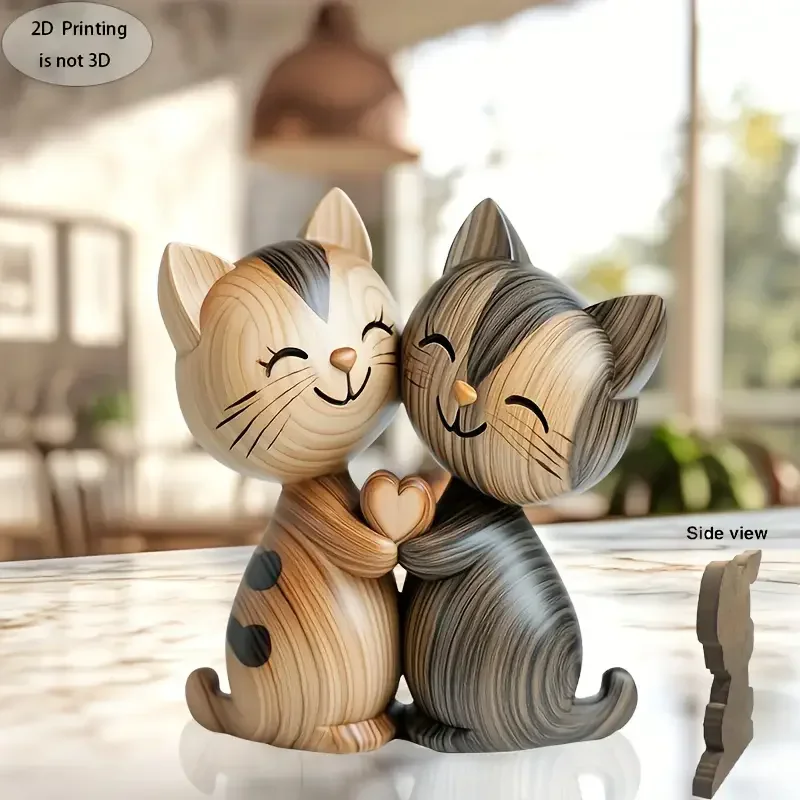 Interior Design School - Wooden Kitten Couple Sculpture Charming 2D